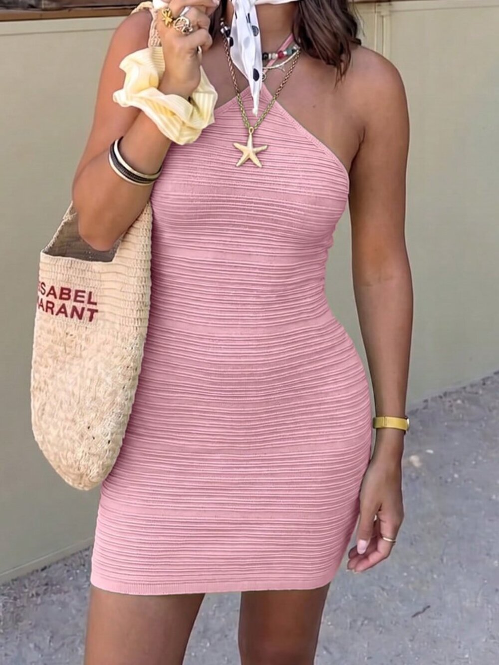 Pink Sexy Women's Halter Neck Ribbed Bodycon Mini Dress - Picture 6 of 8
